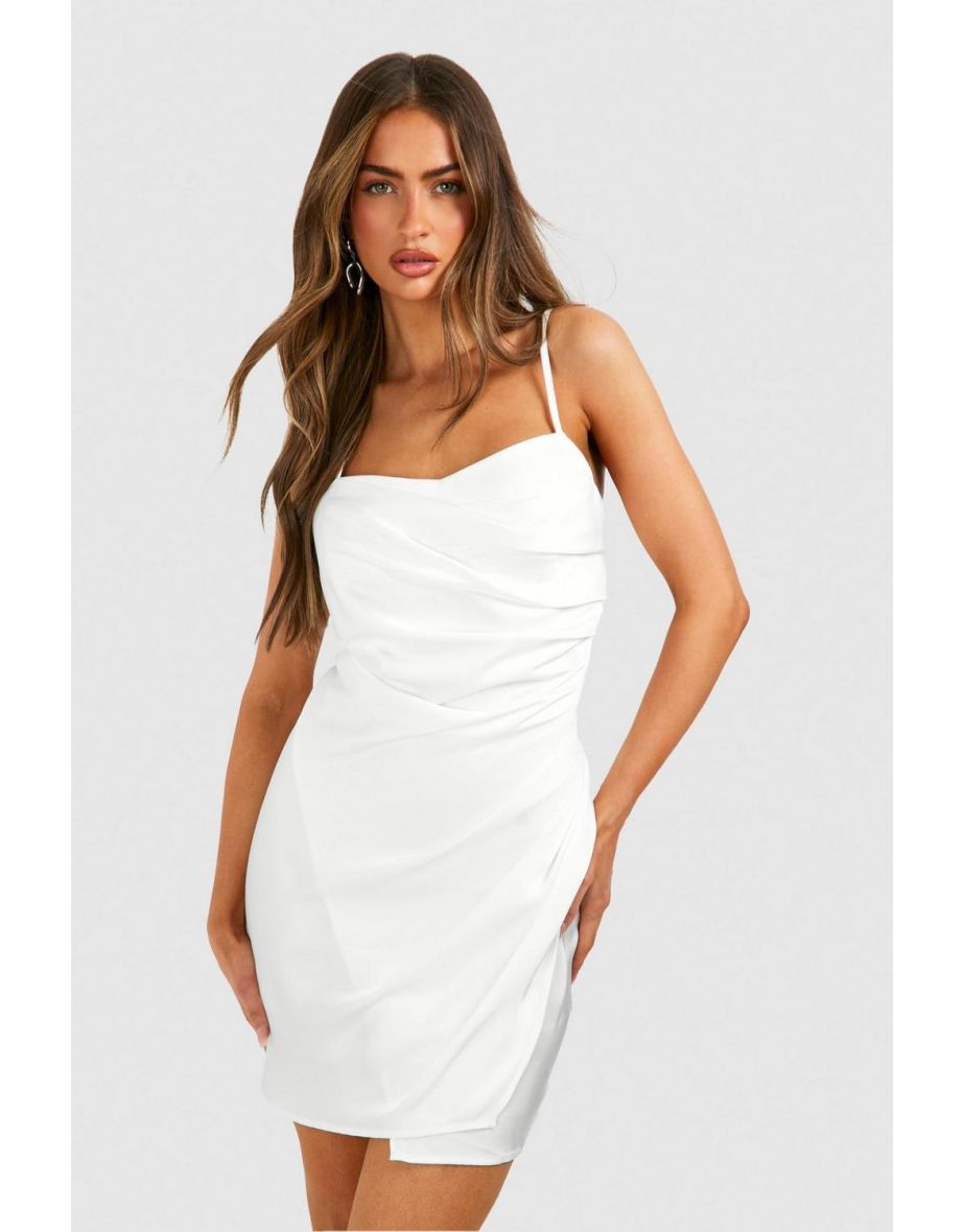 Satin Draped Mini Slip Dress - ivory
