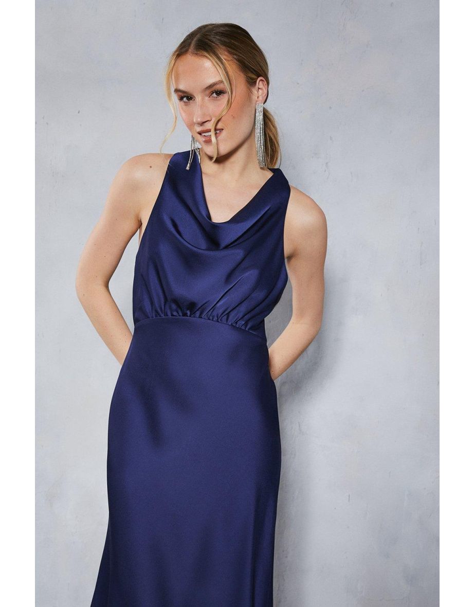 Satin Cross Back Bias Cut Midi Bridesmaids Dress - 3