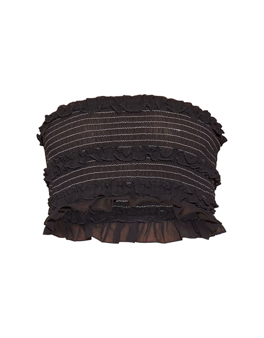 Black Chiffon Contrast Stitch Shirred Bandeau Crop Top - 4