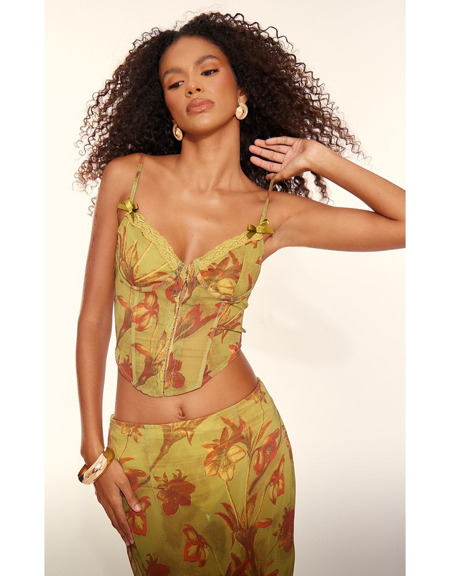 Green Floral Print Sheer Chiffon Bow Detail Corset