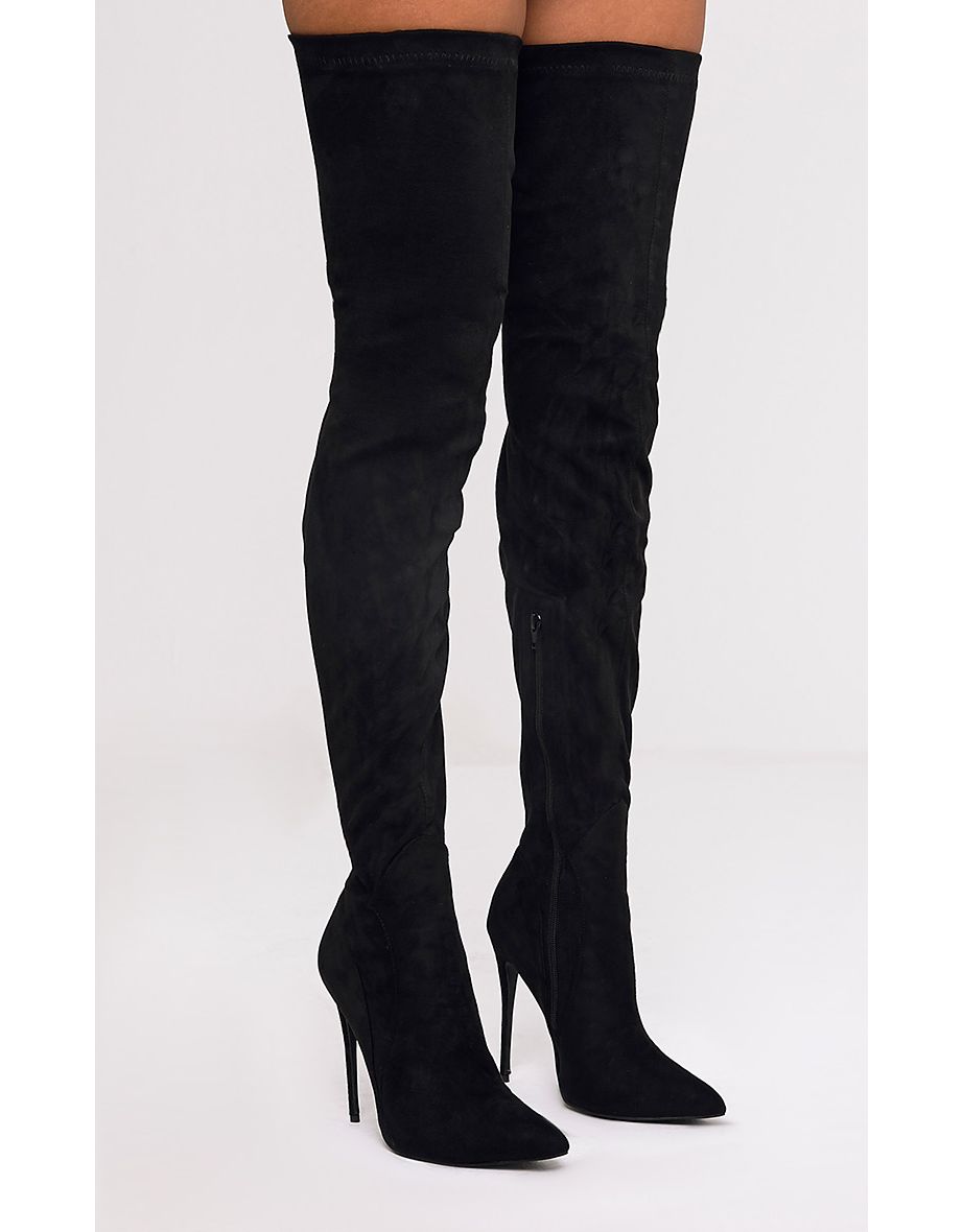 Emmi Black Faux Suede Extreme Thigh High Heeled Boots