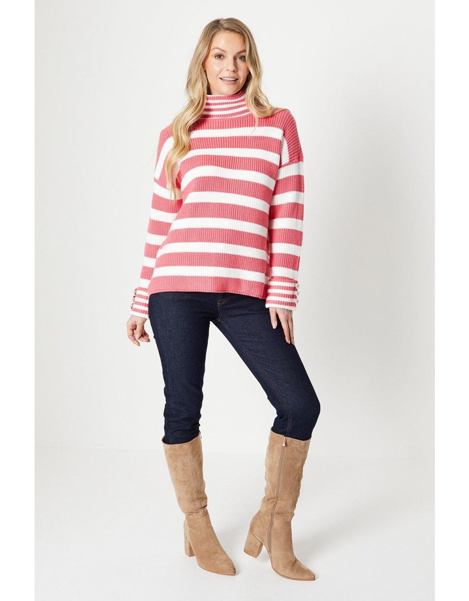 Roll Neck Stripe Jumper With Military Button Cuff