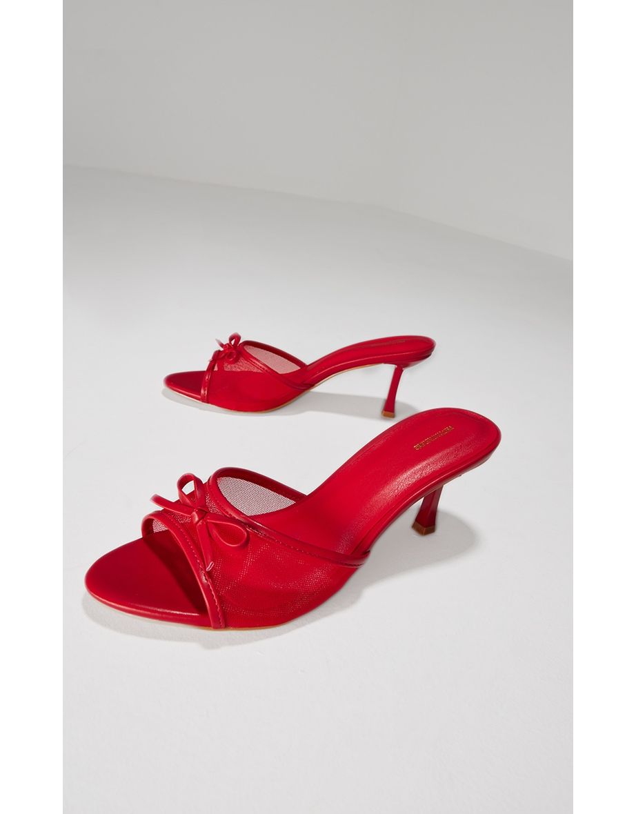 Red Mesh Round Toe Bow Strap Mid Heeled Mules - 3
