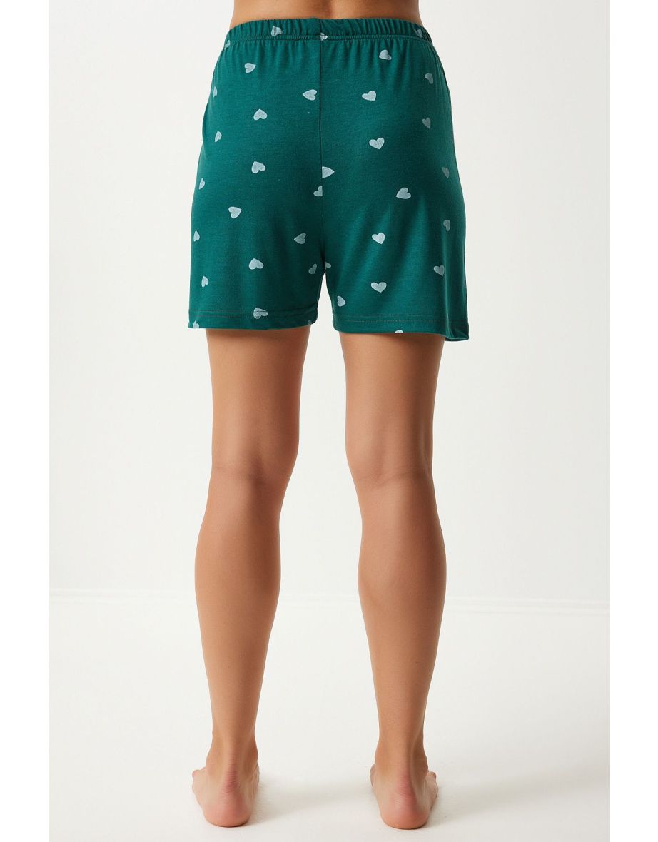 Women's Dark Green Heart Viscose Shorts Shirt Pajama Set - 5