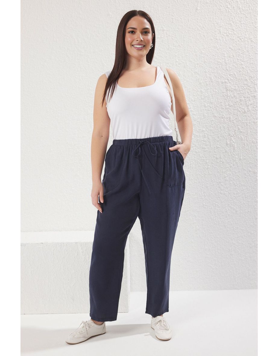 Navy Blue Elastic Waistband Pocket Corded Soft Woven Plus Size Trousers