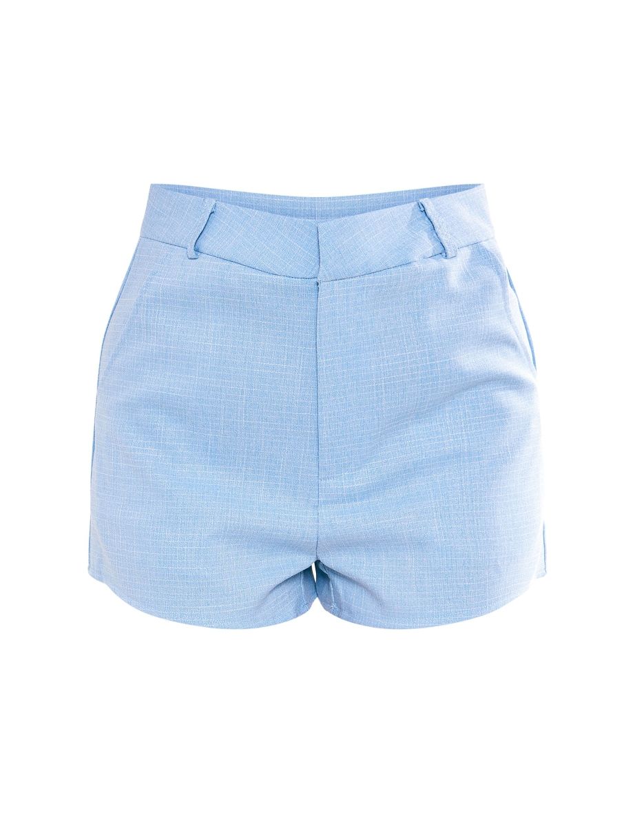 Baby Blue Linen Look Tailored High Waisted Shorts - 5