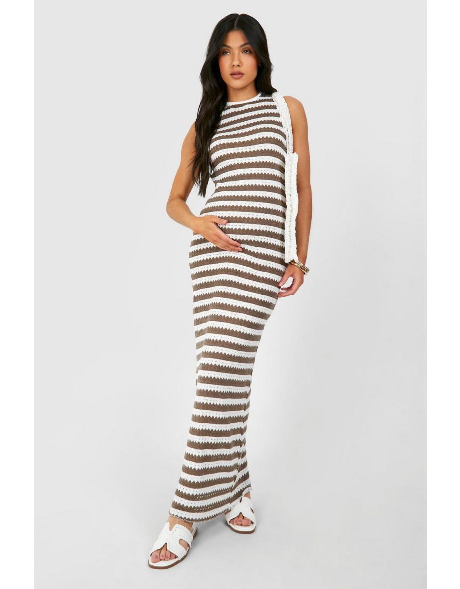 Maternity Sleeveless Crochet Maxi Beach Dress - brown