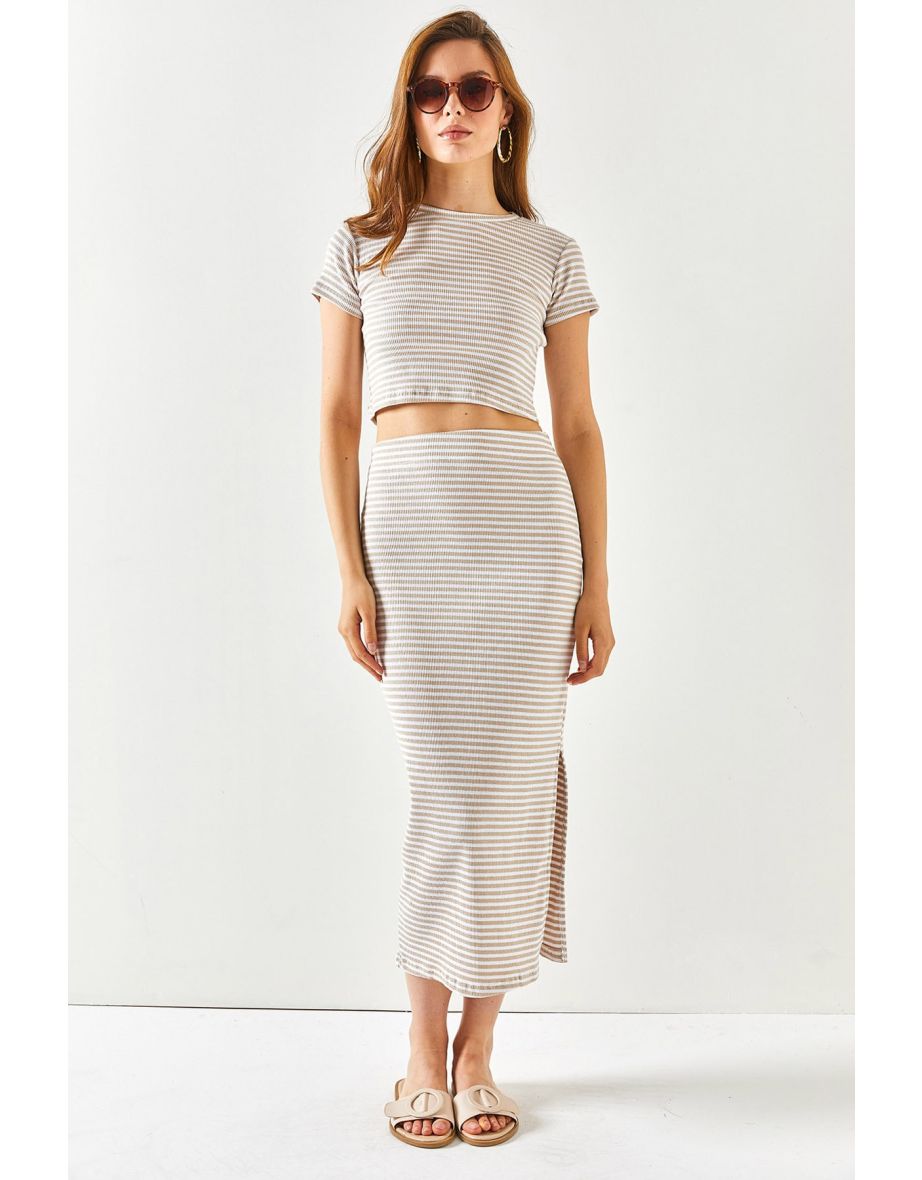Women's Striped Beige Short Sleeved Lycra Suit with a Slit and Skirt
