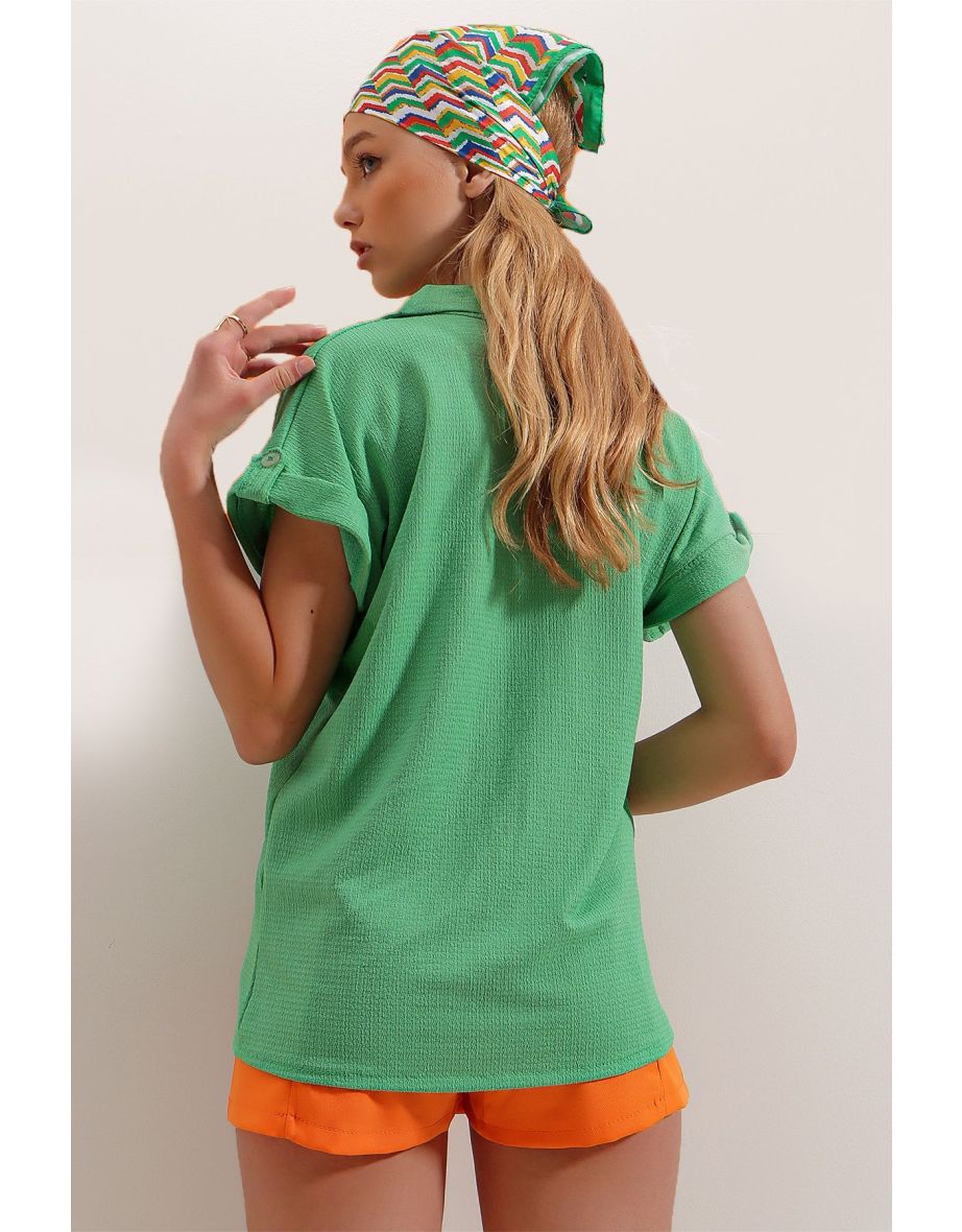 Women's Emerald Green Cuffed Double Short Sleeve Textured Shirt - 3