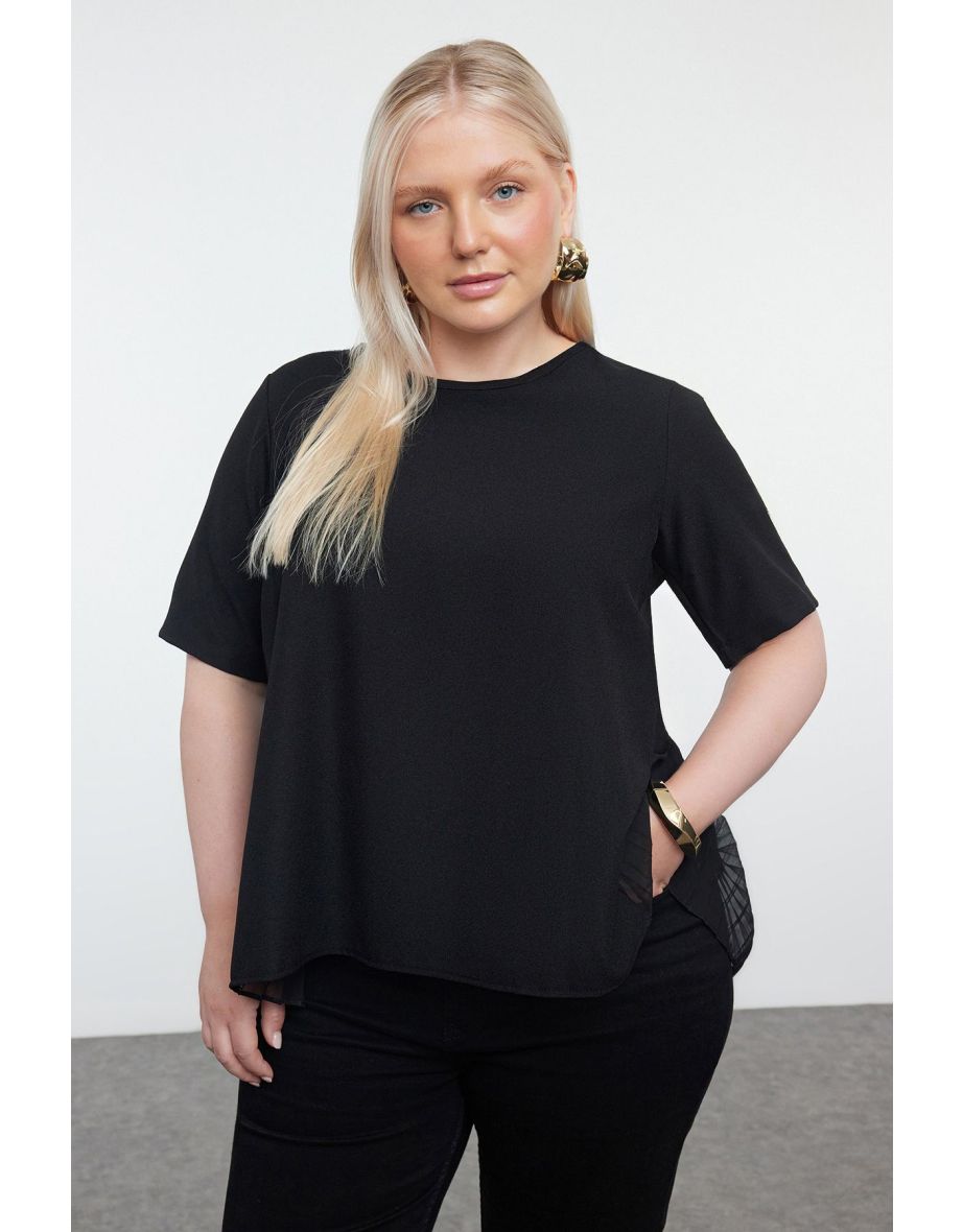 Black Pleated Back Woven Plus Size Blouse