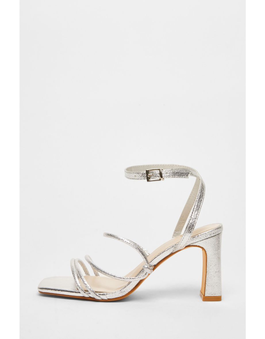 Silver Faux Leather Strappy Heeled Sandals