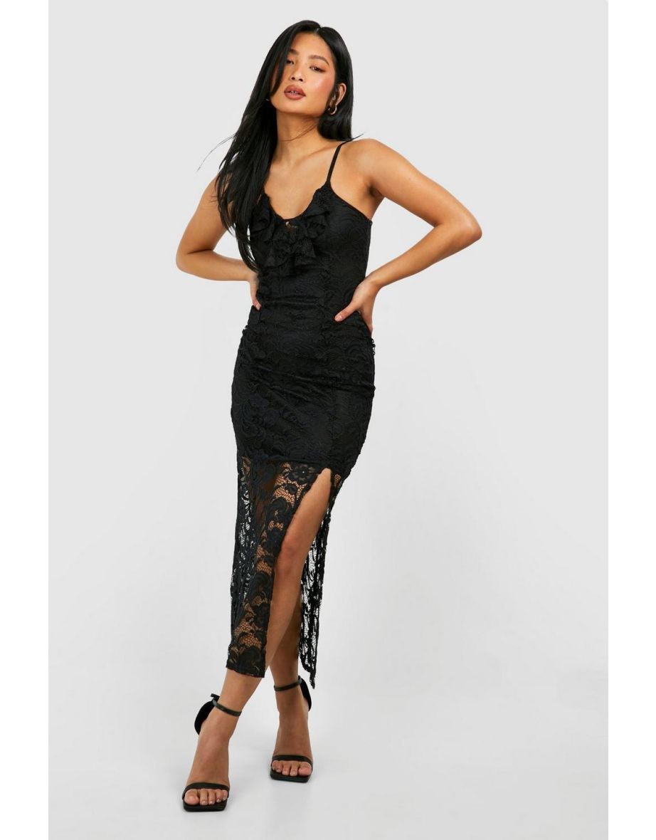 Petite Lace Ruffle Split Leg Midaxi Dress - black