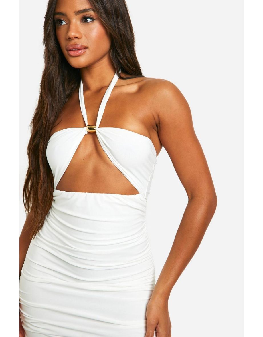 Halterneck Cut Out Beaded Mini Dress - white - 3