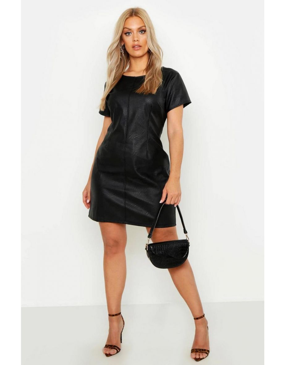 فستان جلد صناعي بأكمام كاب - أسود - مقاسات كبيرة - 3