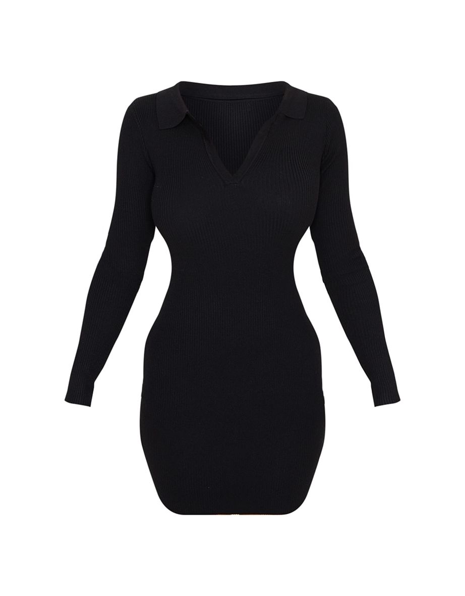Black Long Sleeve Ribbed Knitted Bodycon Mini Dress - 4