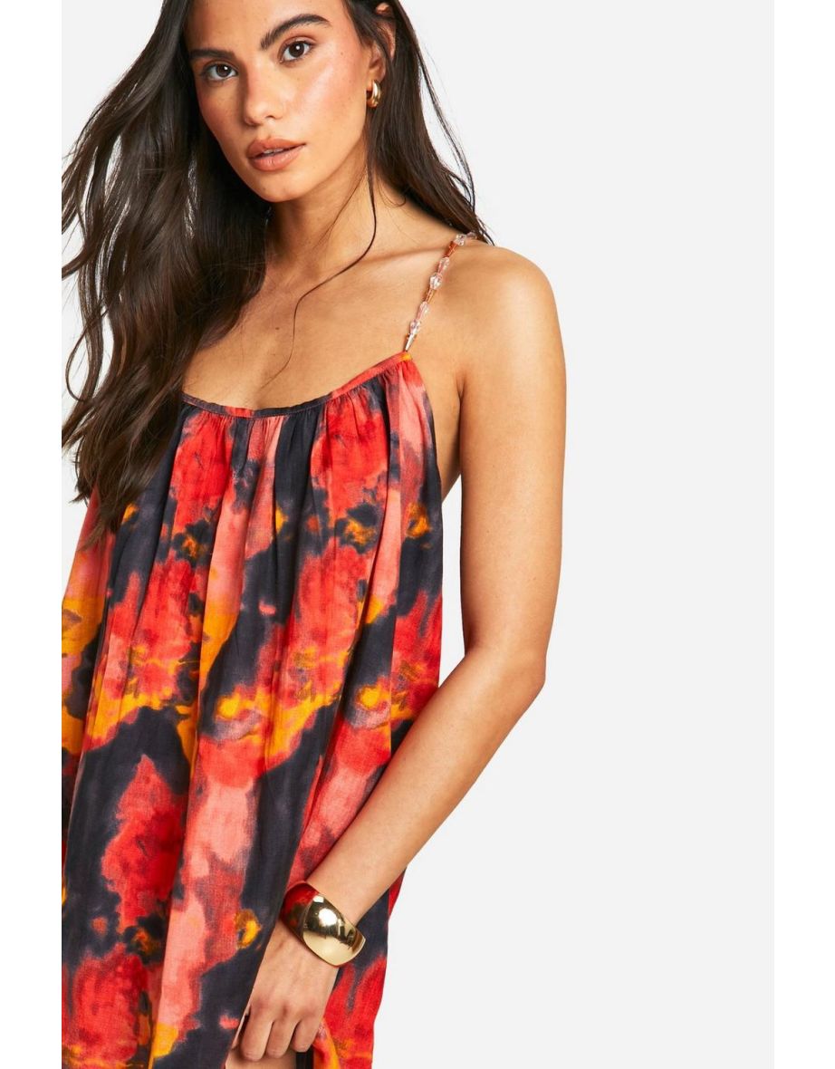 Printed Beaded Strap Linen Mini Dress - multi - 3