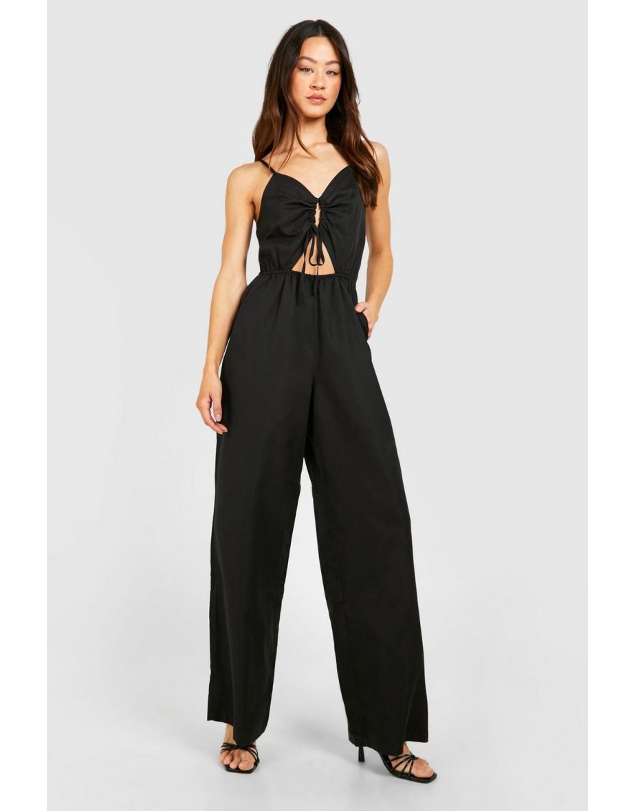 Tall Woven Ruched Front Wide Leg Jumpsuit - black