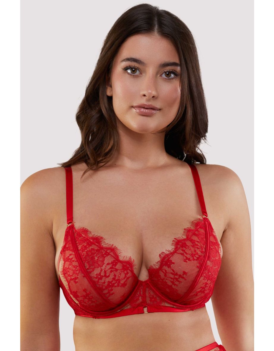 Natalia Red Eyelash Lace Plunge Bra
