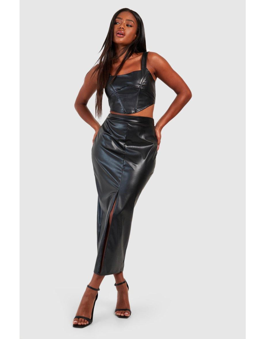 Shop Leather Look Split Hem Midaxi Skirt black Online in Qatar VogaCloset