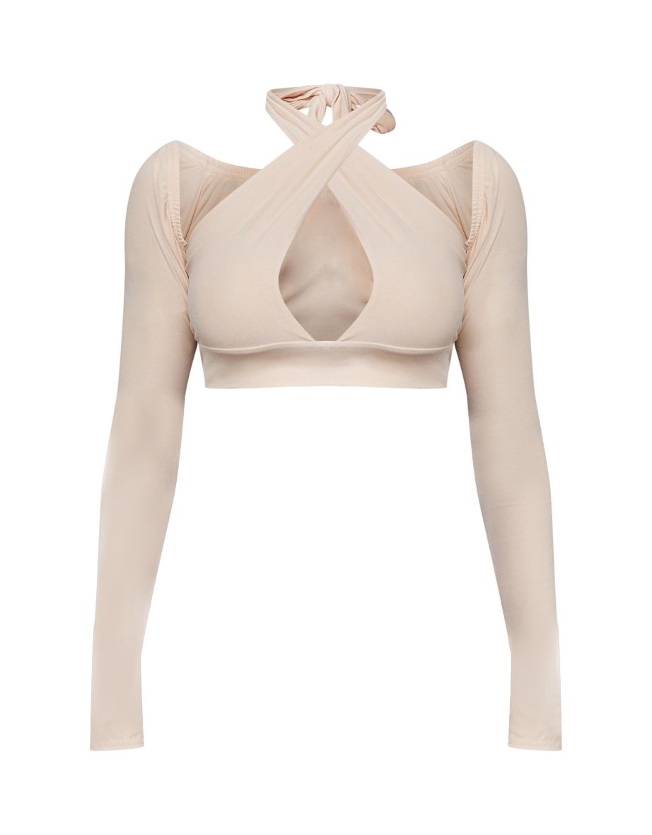 Sand Soft Touch Halter Cold Shoulder Crop Top - 4