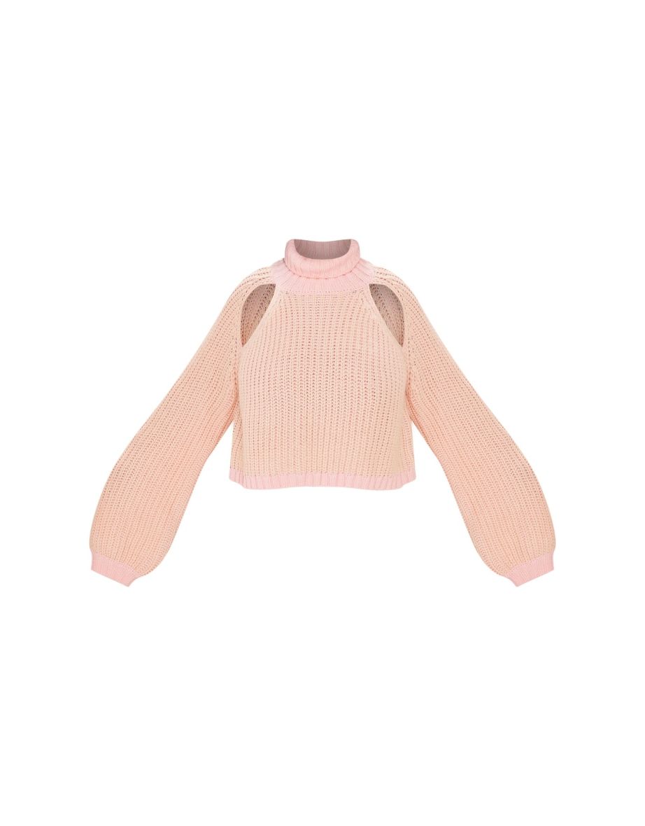 Plus Pink And Cream Knit Roll Neck Cut Out Cropped Jumper - 4