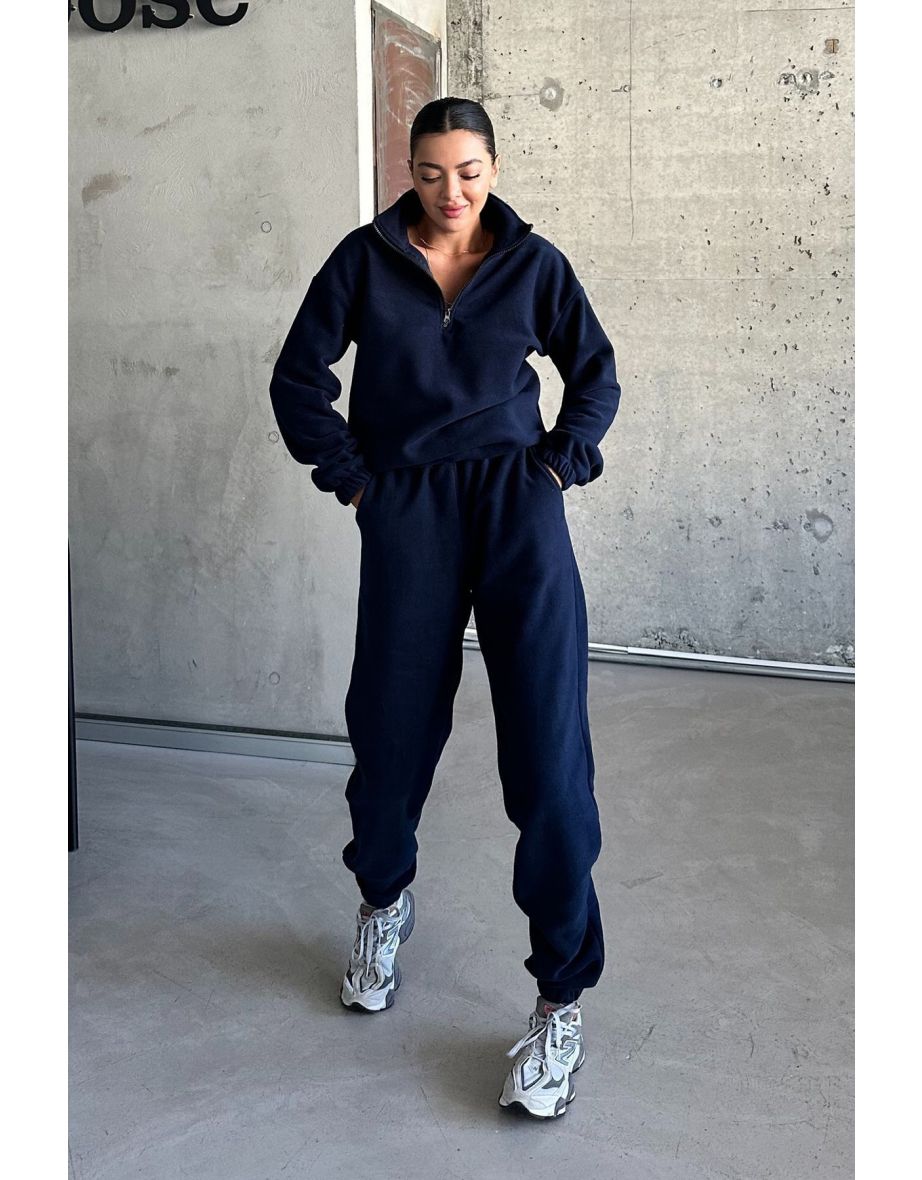 Navy Blue Stand Collar Half Zipper Top-Bottom Polar Fleece Tracksuit