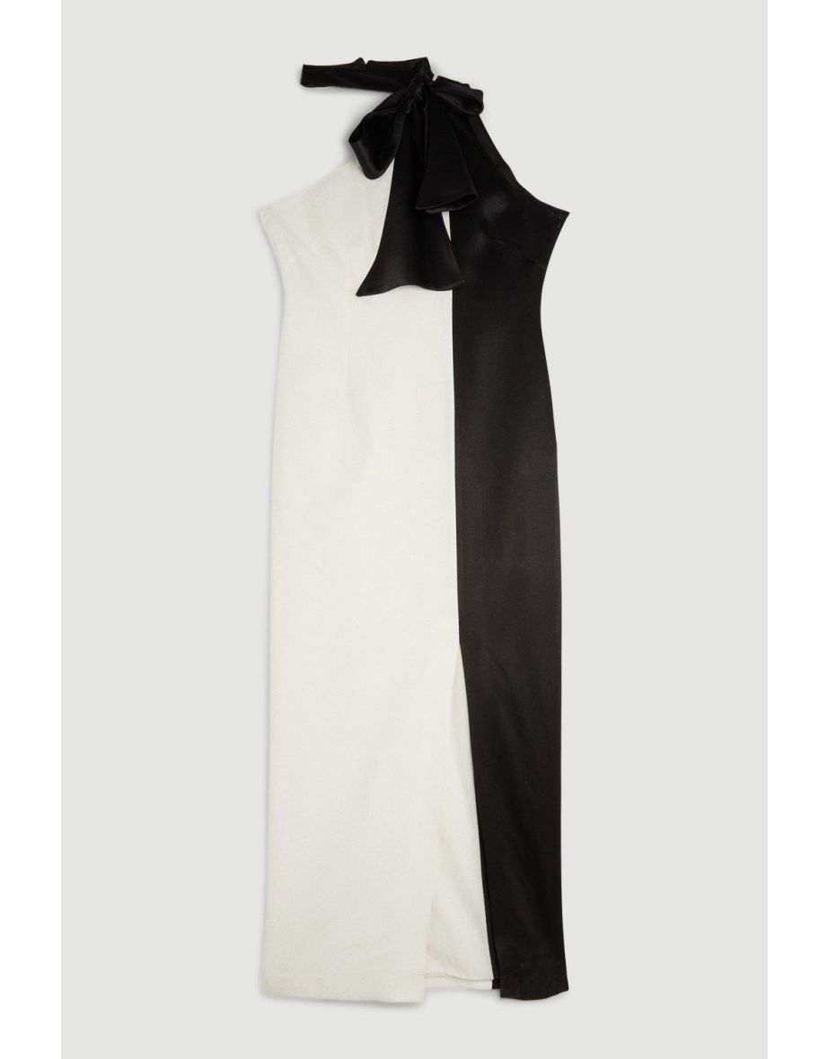 Tailored Satin Back Crepe Tie Neck Contrast Panel Midaxi Dress - 3