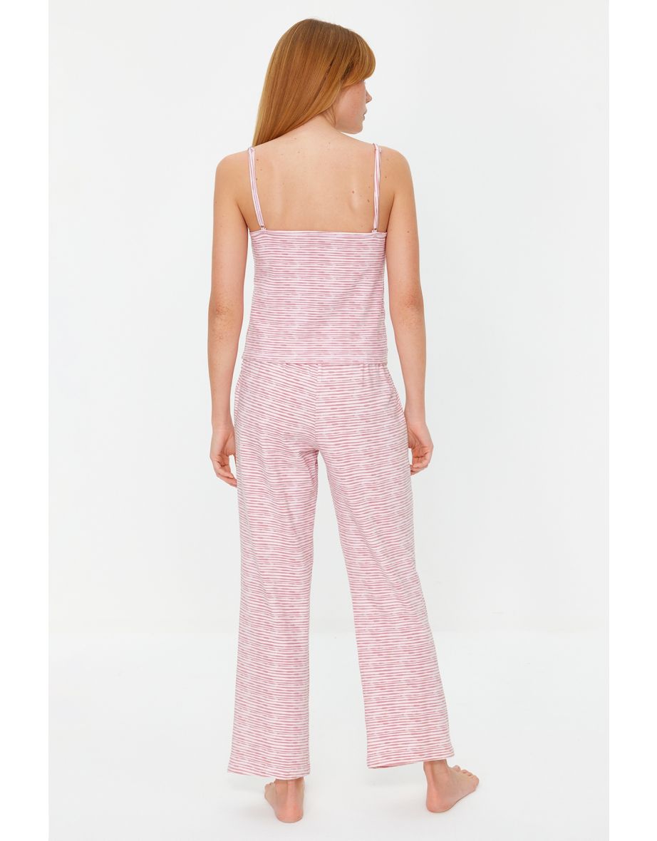 Powder Striped Lace Detailed Cotton Undershirt-Pants Knitted Pajama Set - 7