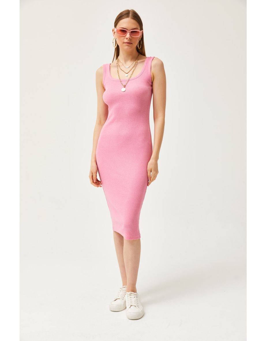 Women's Pink Thick Strap Lycra Midi Dress