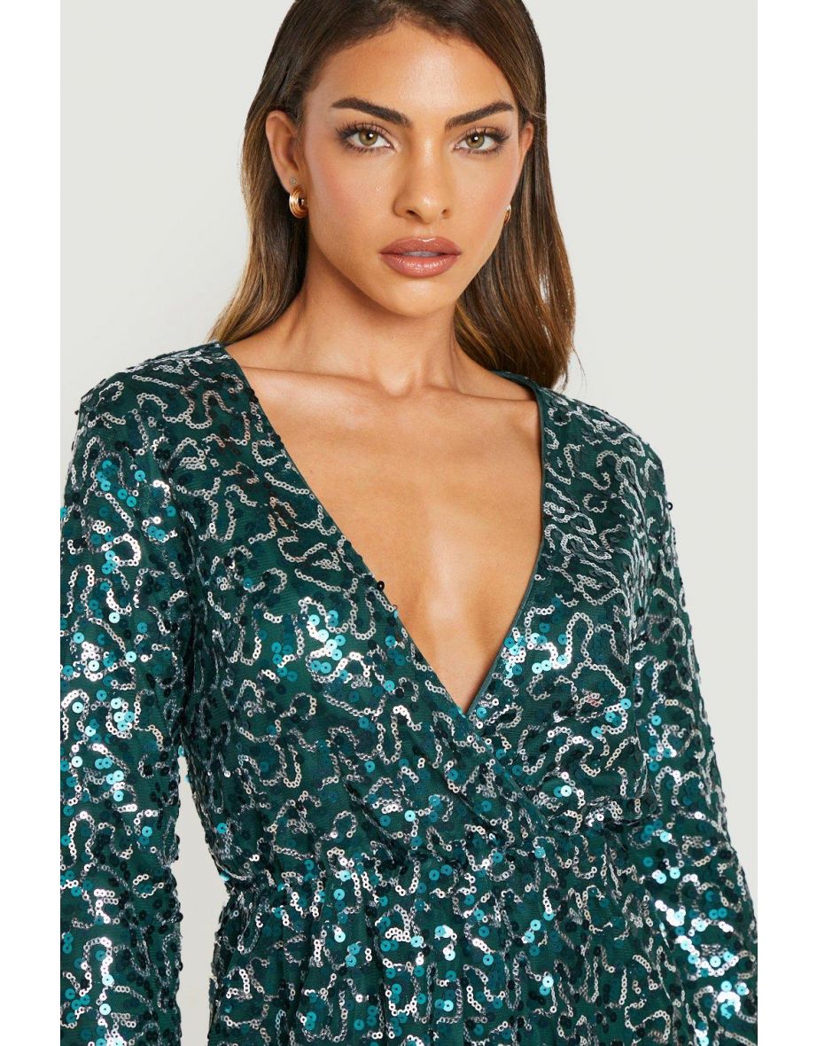 Boutique Sequin Wrap Skater Party Dress - emerald - 3