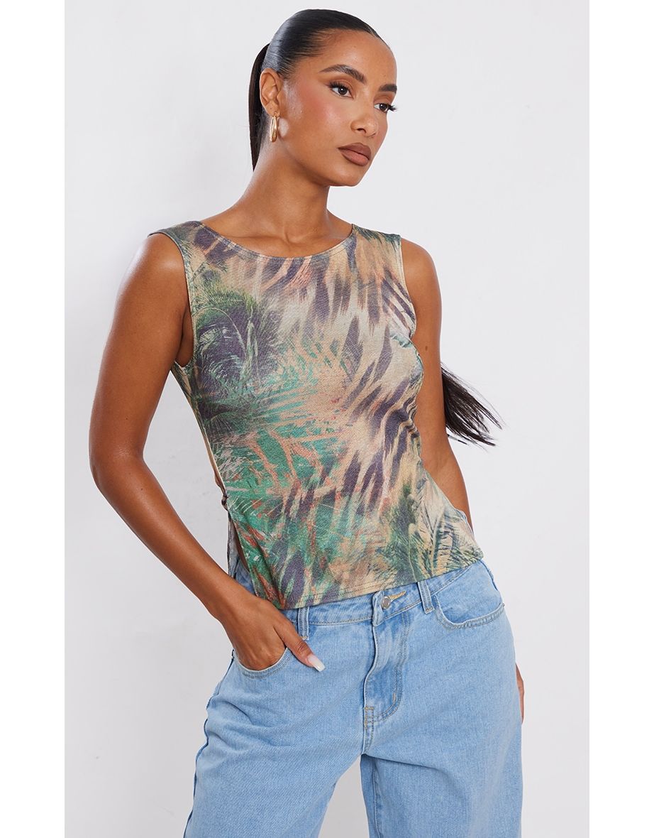 Green Animal Print Slinky Sleeveless Split Hem Longline Top