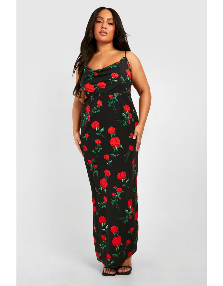 Plus Floral Printed Maxi Slip Dress - black