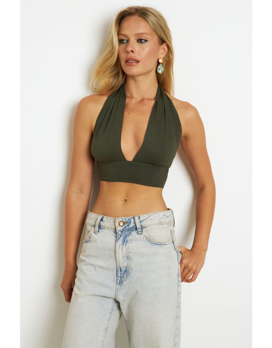 Women's Khaki Back and Neck Tie Top