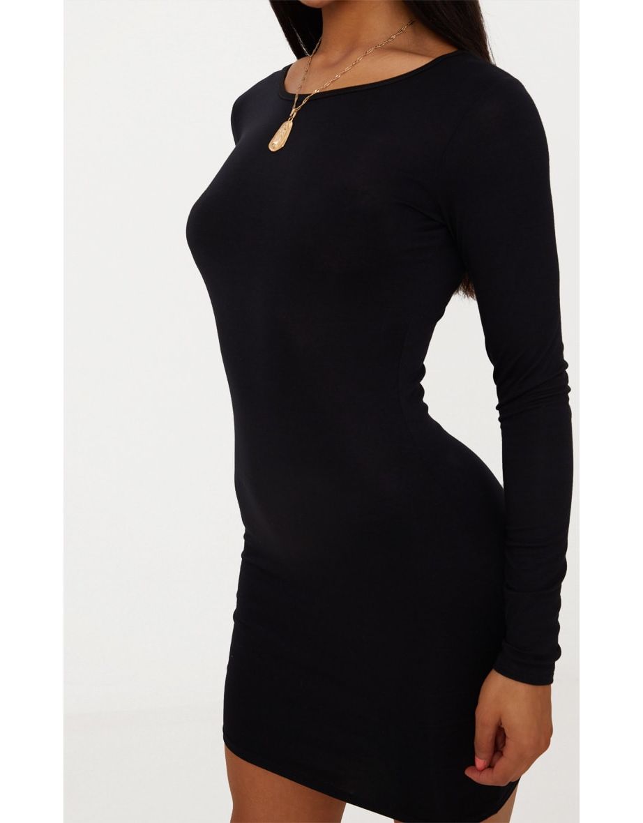 Basic Black Jersey Long Sleeve Bodycon Dress - 4