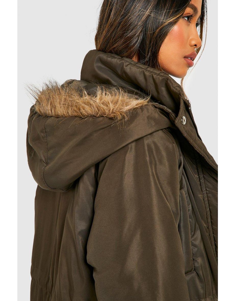 Longline Faux Fur Trim Parka - khaki - 3