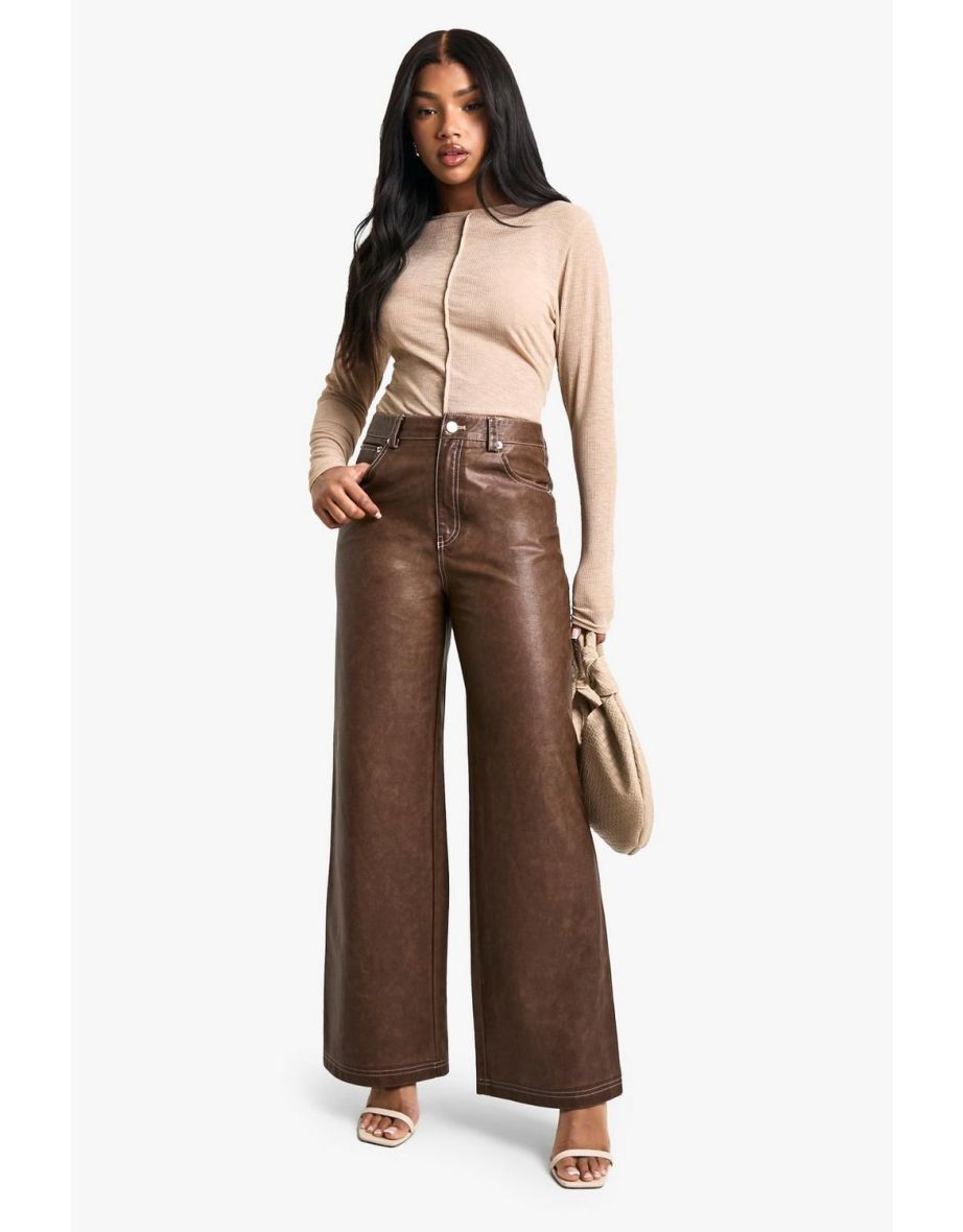 Vintage Look Wide Leg Faux Leather Trouser - brown