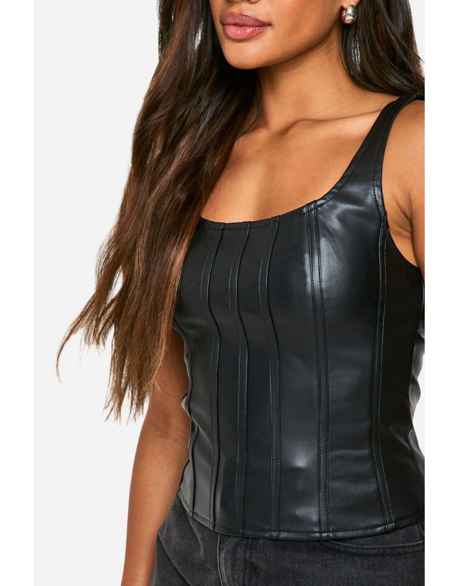 Faux Leather Zip Through Square Neck Corset - black - 3