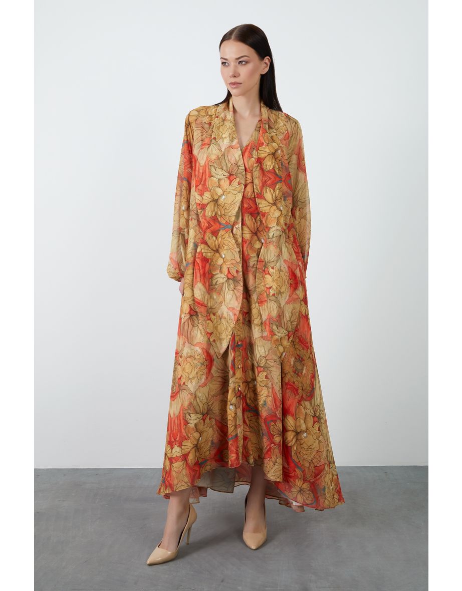 Beige Chiffon Dress with Scarf Detail and Pattern