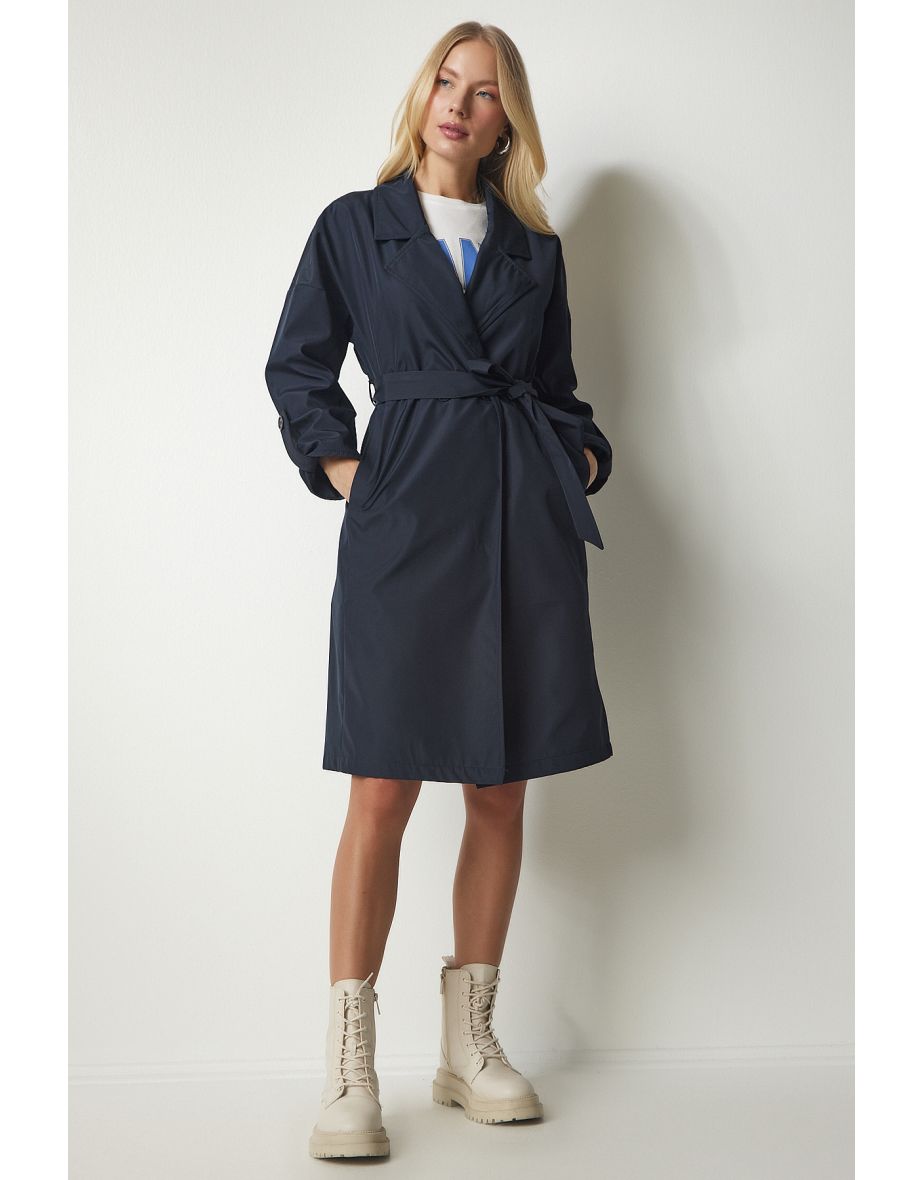 Women's Navy Blue Belted Seasonal Trench Coat