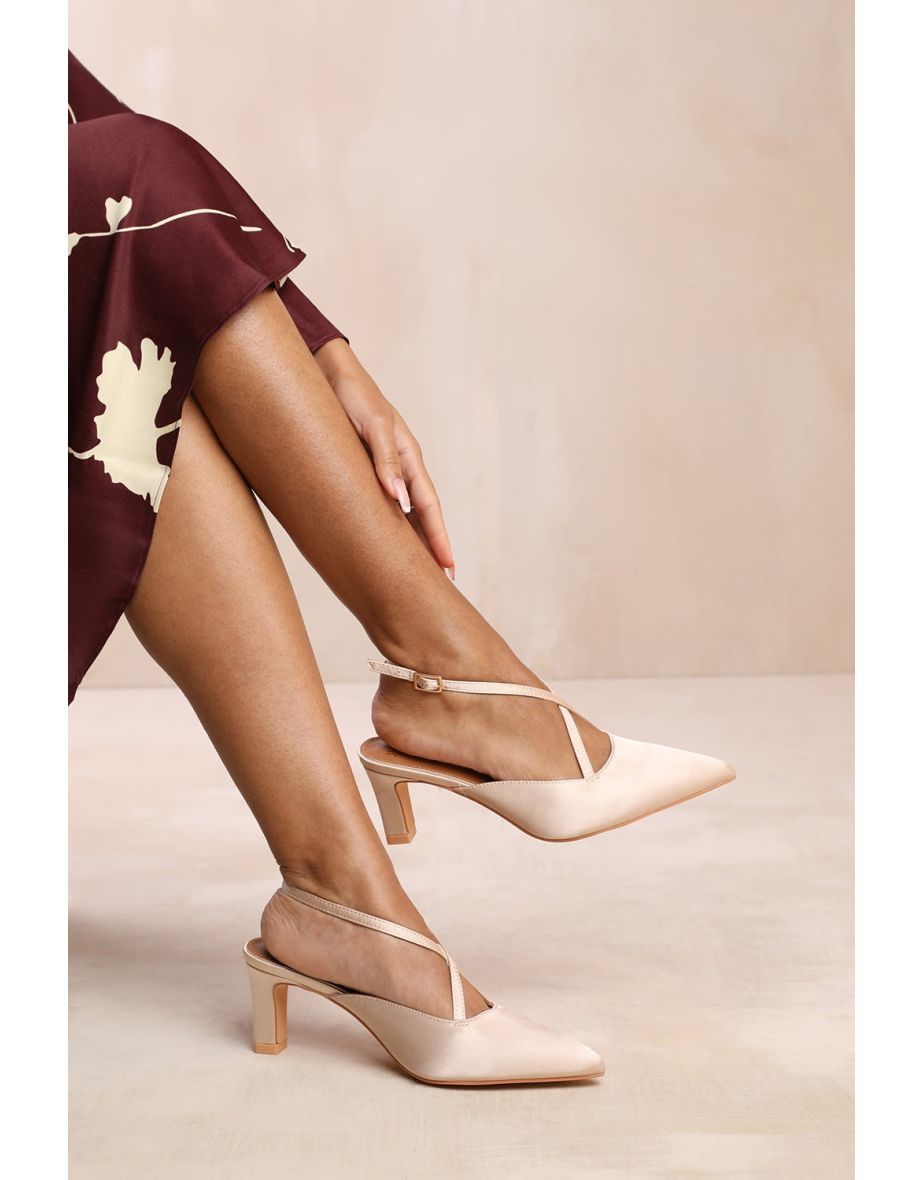SERNA POINTED TOE LOW BLOCK HEEL WITH CROSS OVER ANKLE STRAP IN CHAMPAGNE SATIN - 3
