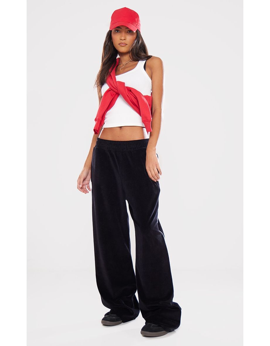 Black Velvet Side Stripe Wide Leg Joggers