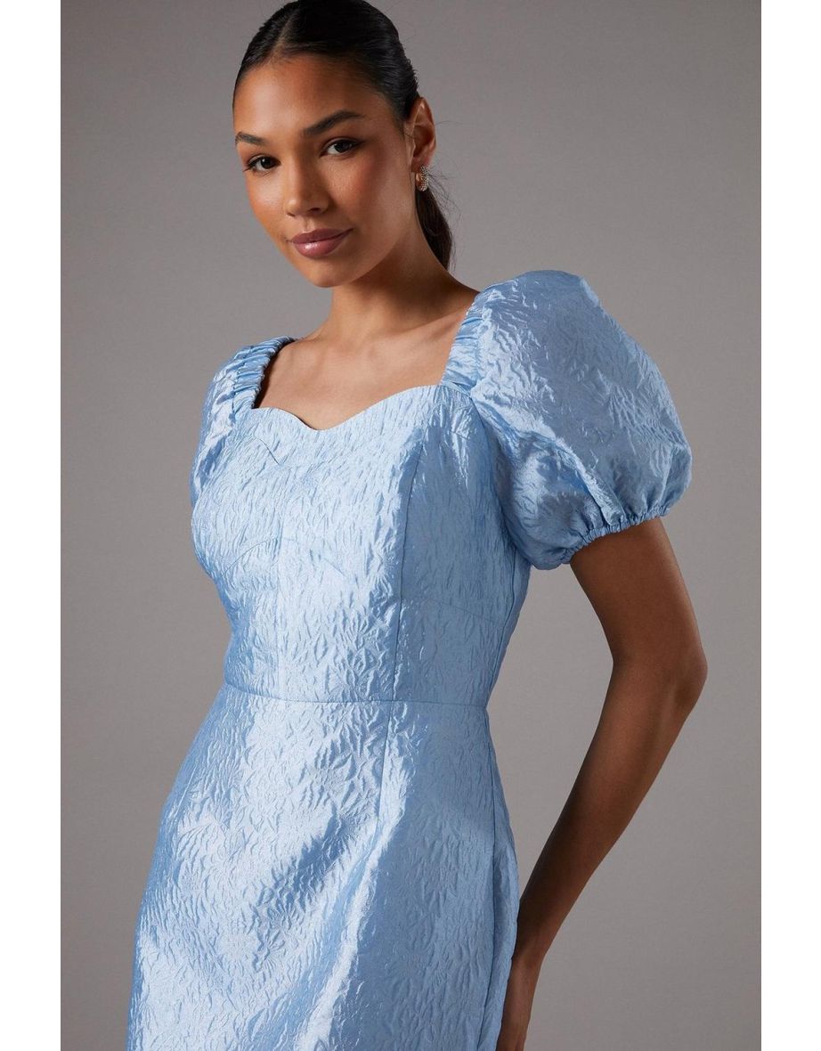 Textured Fitted Midi Dress With Puff Sleeve - 3