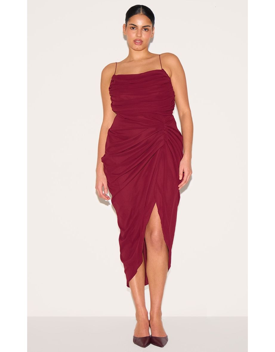 Plus Wine Chiffon Ruched Drape Midi Dress