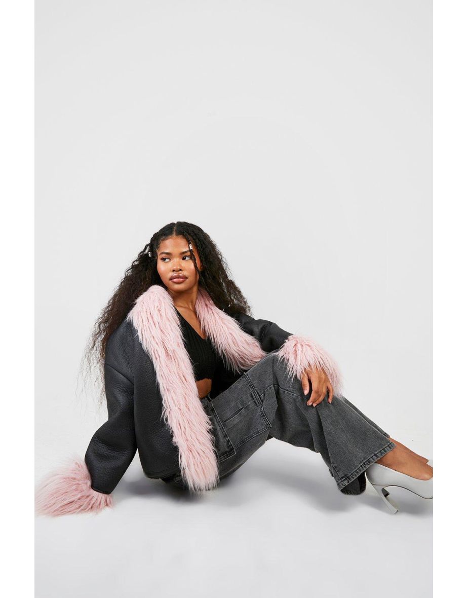 Faux Fur Trim Leather Jacket - pink - 3