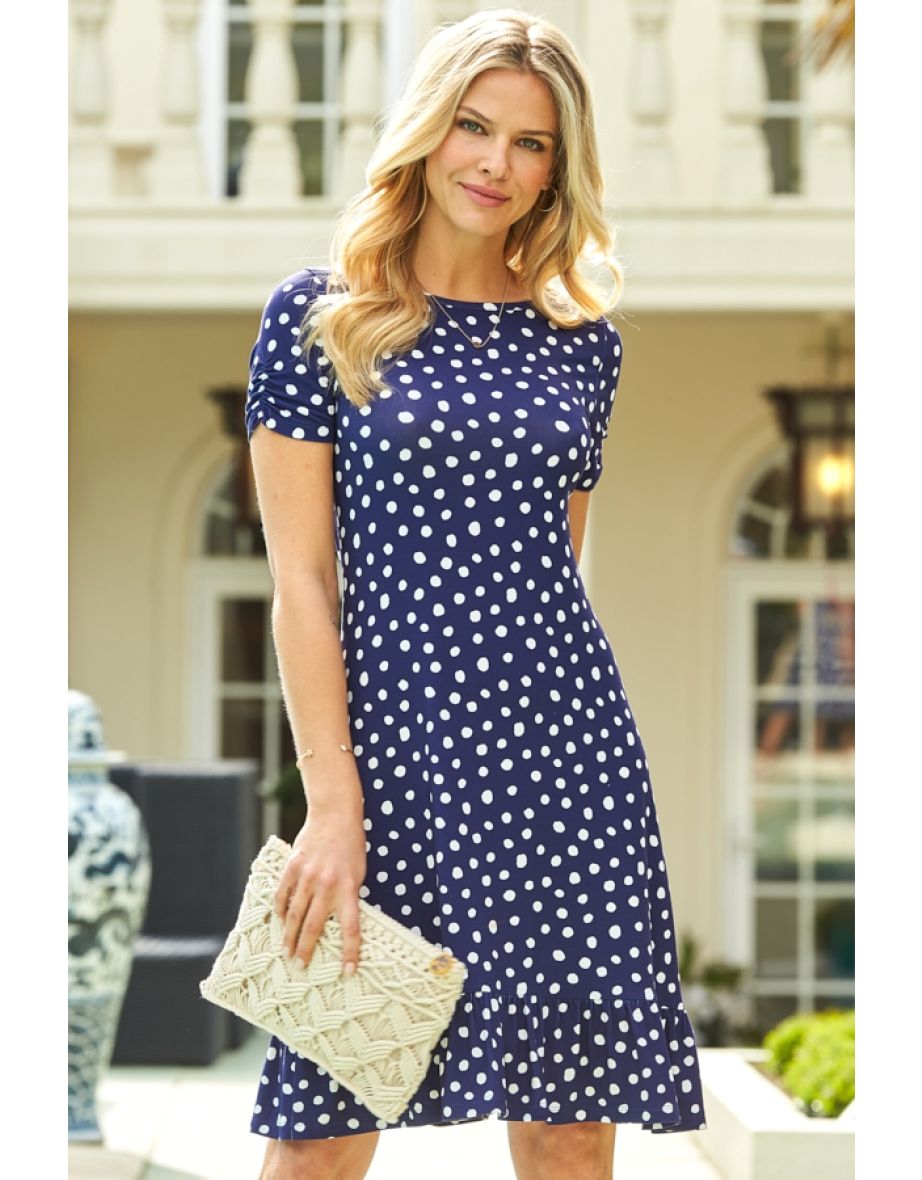 Navy & White Spot Print Ruched Sleeve Jersey Shift Dress