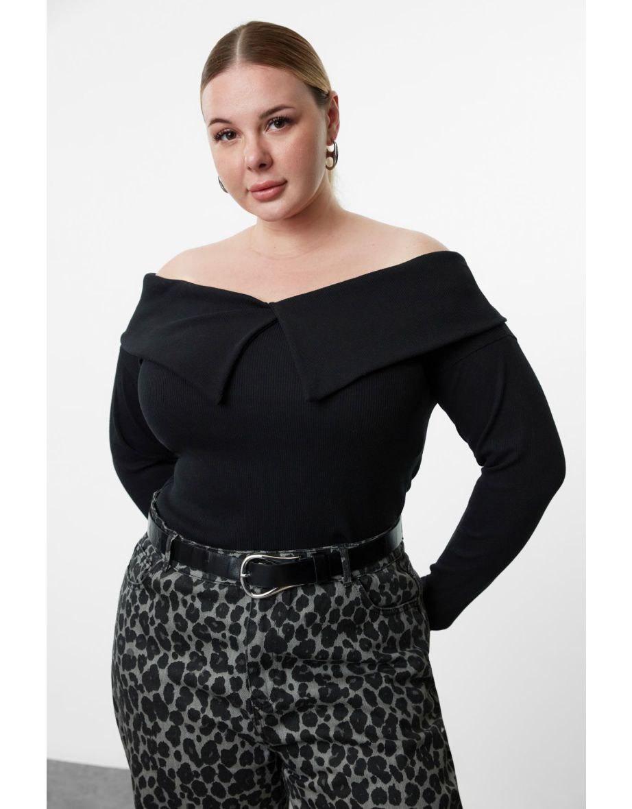 Black Camisole Knitted Plus Size Blouse - 4