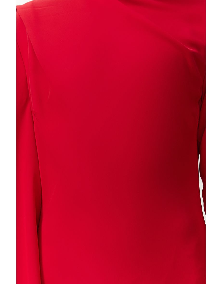 Red Shawl Detailed Evening Dress - 7