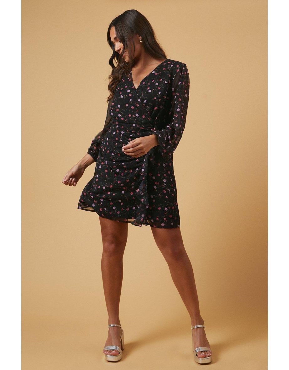 Petite Occasion Floral Ruffle Wrap Mini Dress