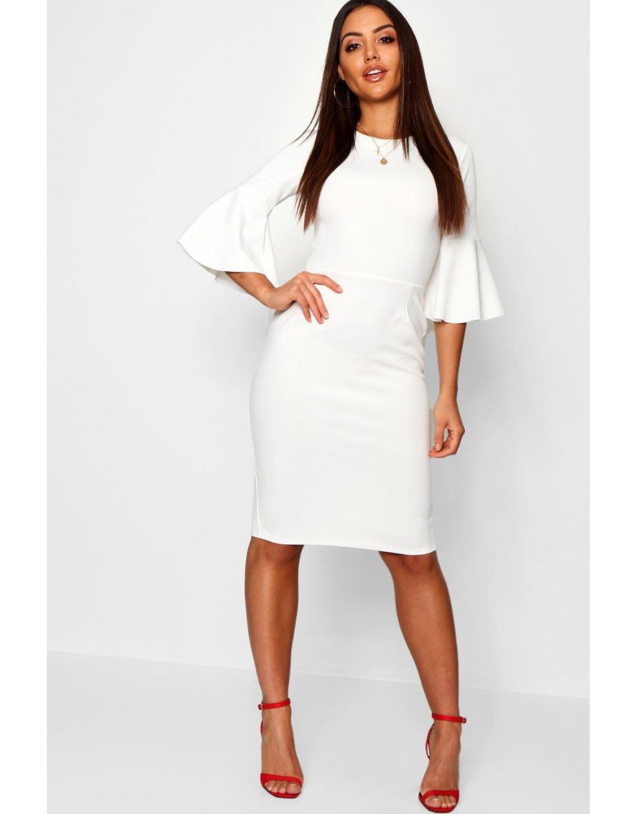 3/4 Angel Sleeve Crew Neck Midi Dress - ivory