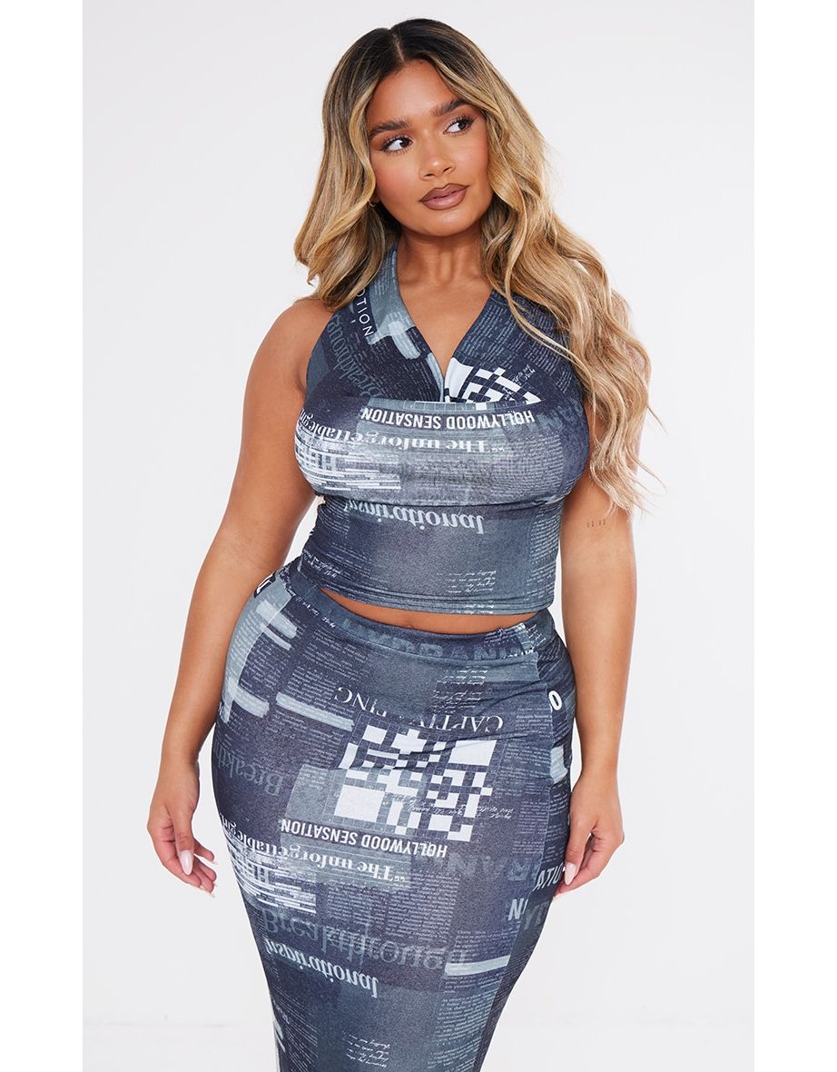 Shape Black Sheer Mesh Newspaper Printed Cowl Neck Top